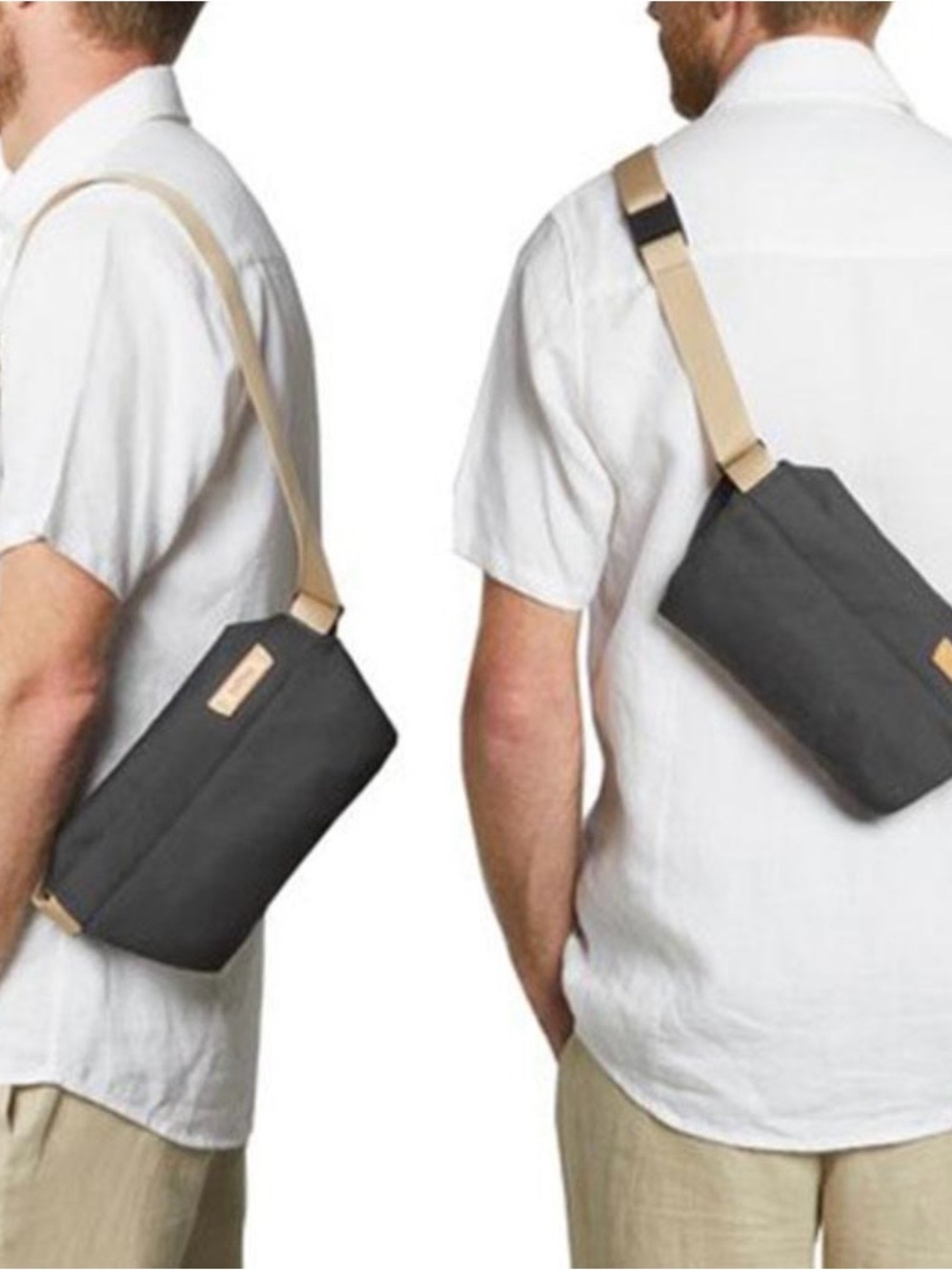 Bellroy Charcoal Sling Belt Bag with Tan Strap